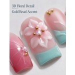 Gentle Pink‑Mint French 3D‑Floral Press‑On Nails, Short Square Handmade False Nails with Hand‑Painted Lotus Leaf, Pearls & Gold Beads